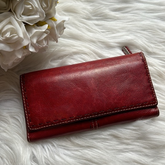 FOSSIL Soft Leather Trifold Billfold Wallet Deep Red Crimson with Stitching - Picture 2 of 12